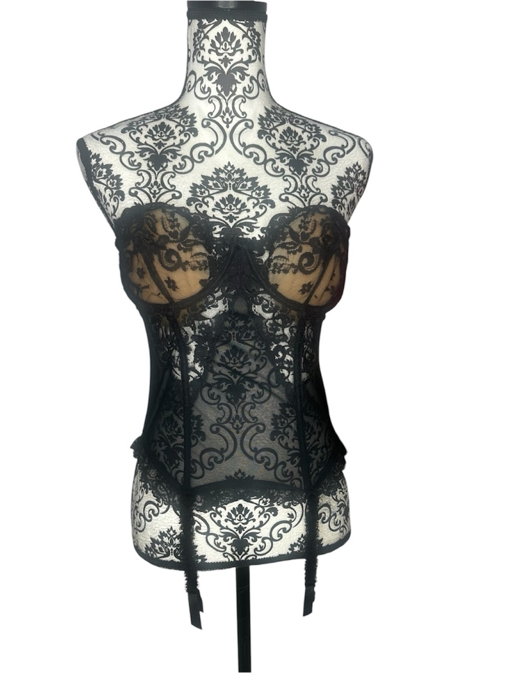 Vintage Victoria's Secret Black Lace Bustier with Sheer Bodice 38C